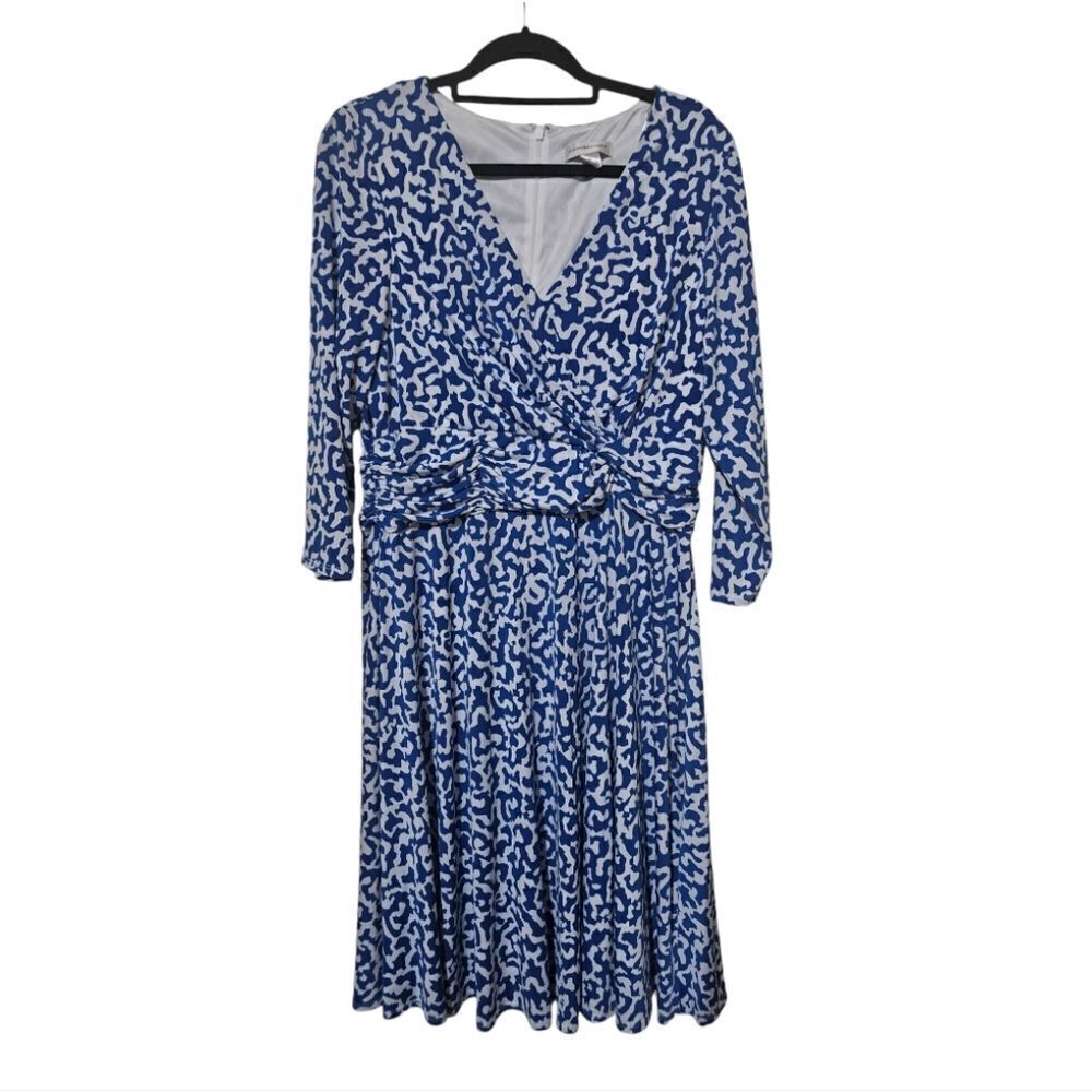 CHRISTOPHER & BANKS Blue White Printed Midi Ruched Waist Dress - Size‎ XL